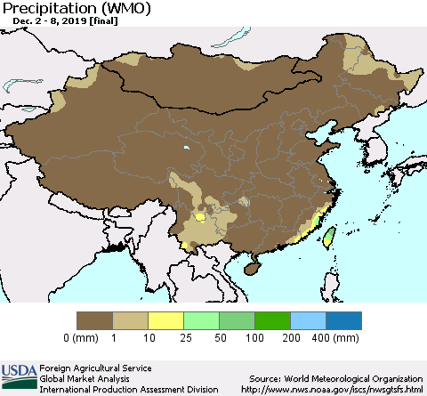 China, Mongolia and Taiwan Precipitation (WMO) Thematic Map For 12/2/2019 - 12/8/2019