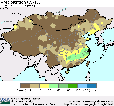 China, Mongolia and Taiwan Precipitation (WMO) Thematic Map For 12/16/2019 - 12/22/2019