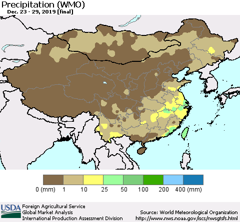 China, Mongolia and Taiwan Precipitation (WMO) Thematic Map For 12/23/2019 - 12/29/2019