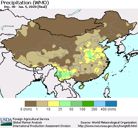China, Mongolia and Taiwan Precipitation (WMO) Thematic Map For 12/30/2019 - 1/5/2020