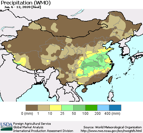 China, Mongolia and Taiwan Precipitation (WMO) Thematic Map For 1/6/2020 - 1/12/2020