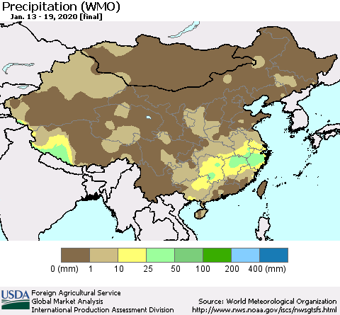 China, Mongolia and Taiwan Precipitation (WMO) Thematic Map For 1/13/2020 - 1/19/2020