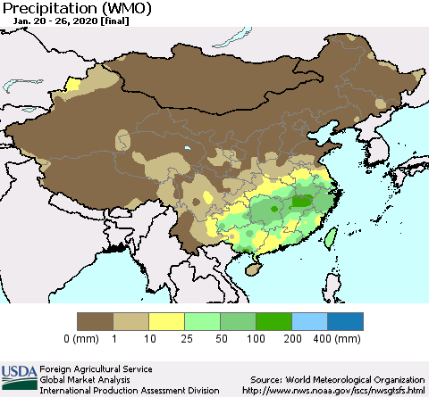 China, Mongolia and Taiwan Precipitation (WMO) Thematic Map For 1/20/2020 - 1/26/2020