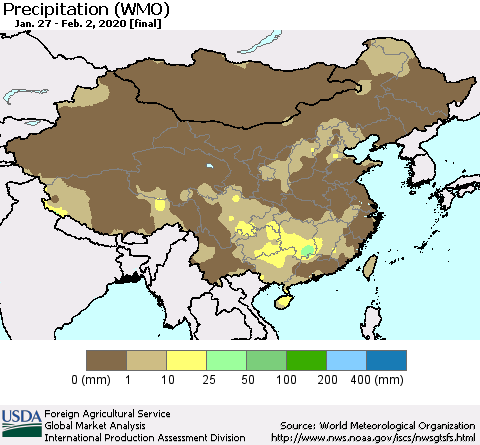 China, Mongolia and Taiwan Precipitation (WMO) Thematic Map For 1/27/2020 - 2/2/2020