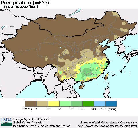 China, Mongolia and Taiwan Precipitation (WMO) Thematic Map For 2/3/2020 - 2/9/2020