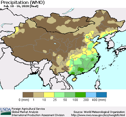 China, Mongolia and Taiwan Precipitation (WMO) Thematic Map For 2/10/2020 - 2/16/2020