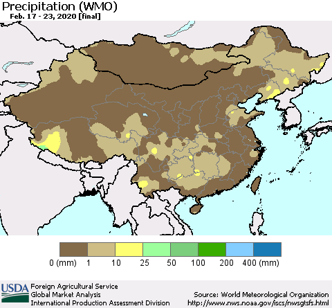 China, Mongolia and Taiwan Precipitation (WMO) Thematic Map For 2/17/2020 - 2/23/2020
