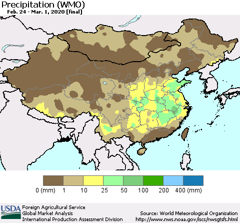 China, Mongolia and Taiwan Precipitation (WMO) Thematic Map For 2/24/2020 - 3/1/2020