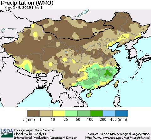 China, Mongolia and Taiwan Precipitation (WMO) Thematic Map For 3/2/2020 - 3/8/2020