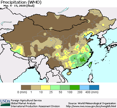 China, Mongolia and Taiwan Precipitation (WMO) Thematic Map For 3/9/2020 - 3/15/2020