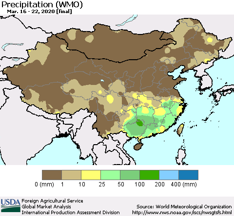 China, Mongolia and Taiwan Precipitation (WMO) Thematic Map For 3/16/2020 - 3/22/2020