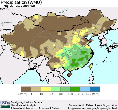 China, Mongolia and Taiwan Precipitation (WMO) Thematic Map For 3/23/2020 - 3/29/2020
