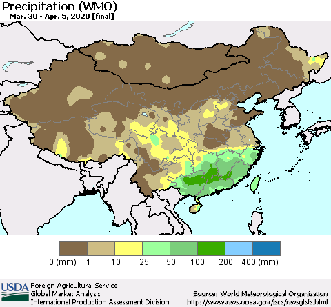 China, Mongolia and Taiwan Precipitation (WMO) Thematic Map For 3/30/2020 - 4/5/2020