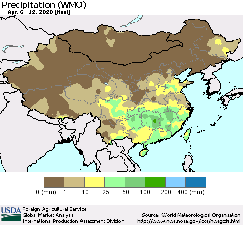 China, Mongolia and Taiwan Precipitation (WMO) Thematic Map For 4/6/2020 - 4/12/2020