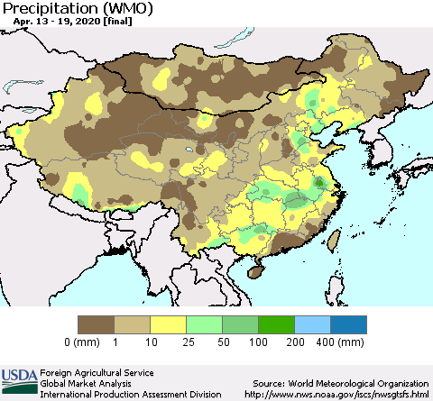 China, Mongolia and Taiwan Precipitation (WMO) Thematic Map For 4/13/2020 - 4/19/2020