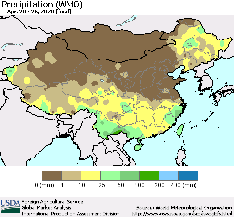 China, Mongolia and Taiwan Precipitation (WMO) Thematic Map For 4/20/2020 - 4/26/2020