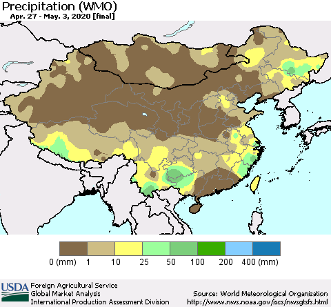 China, Mongolia and Taiwan Precipitation (WMO) Thematic Map For 4/27/2020 - 5/3/2020