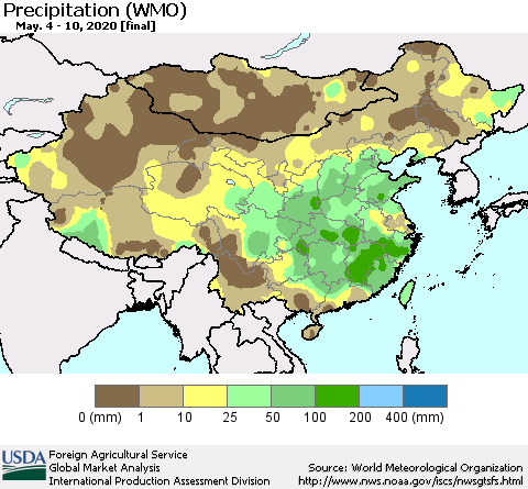China, Mongolia and Taiwan Precipitation (WMO) Thematic Map For 5/4/2020 - 5/10/2020