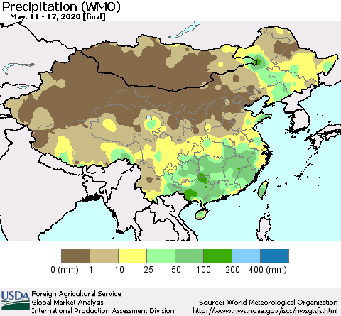 China, Mongolia and Taiwan Precipitation (WMO) Thematic Map For 5/11/2020 - 5/17/2020