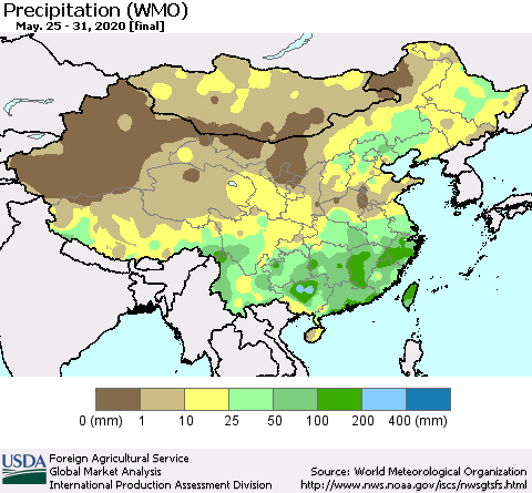 China, Mongolia and Taiwan Precipitation (WMO) Thematic Map For 5/25/2020 - 5/31/2020