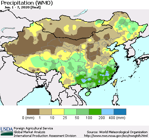 China, Mongolia and Taiwan Precipitation (WMO) Thematic Map For 6/1/2020 - 6/7/2020