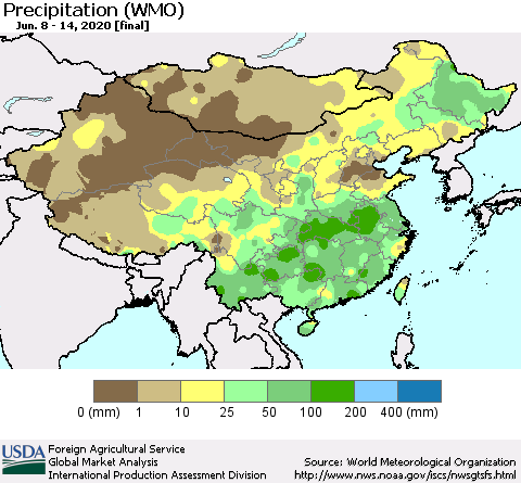 China, Mongolia and Taiwan Precipitation (WMO) Thematic Map For 6/8/2020 - 6/14/2020