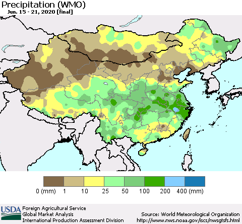 China, Mongolia and Taiwan Precipitation (WMO) Thematic Map For 6/15/2020 - 6/21/2020