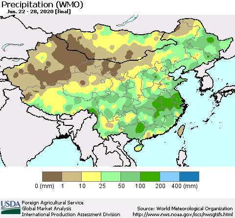 China, Mongolia and Taiwan Precipitation (WMO) Thematic Map For 6/22/2020 - 6/28/2020