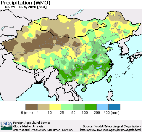 China, Mongolia and Taiwan Precipitation (WMO) Thematic Map For 6/29/2020 - 7/5/2020