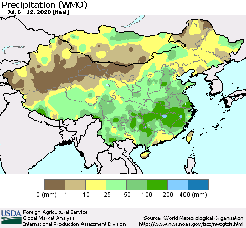 China, Mongolia and Taiwan Precipitation (WMO) Thematic Map For 7/6/2020 - 7/12/2020