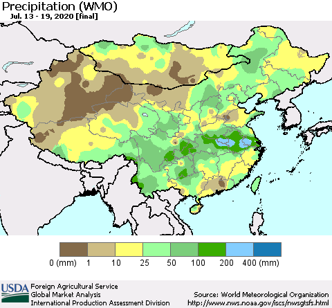 China, Mongolia and Taiwan Precipitation (WMO) Thematic Map For 7/13/2020 - 7/19/2020
