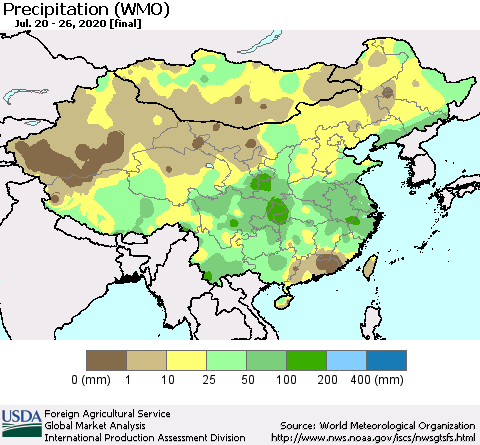 China, Mongolia and Taiwan Precipitation (WMO) Thematic Map For 7/20/2020 - 7/26/2020