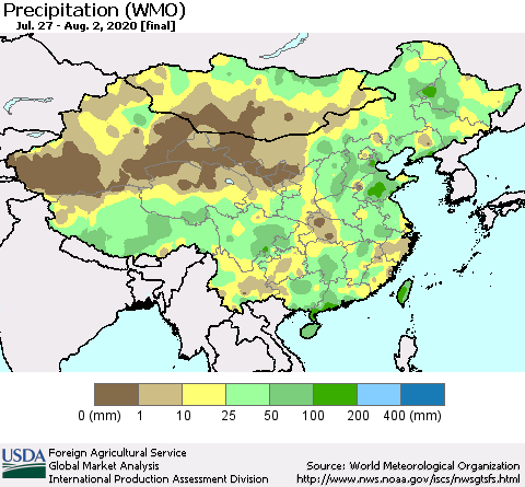 China, Mongolia and Taiwan Precipitation (WMO) Thematic Map For 7/27/2020 - 8/2/2020