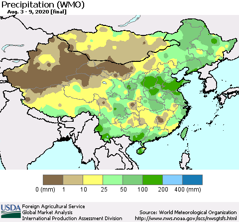 China, Mongolia and Taiwan Precipitation (WMO) Thematic Map For 8/3/2020 - 8/9/2020