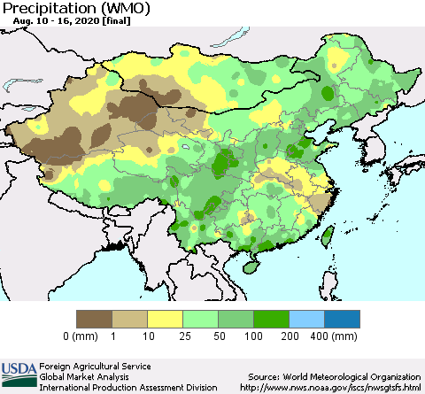 China, Mongolia and Taiwan Precipitation (WMO) Thematic Map For 8/10/2020 - 8/16/2020