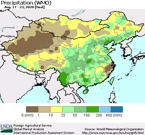 China, Mongolia and Taiwan Precipitation (WMO) Thematic Map For 8/17/2020 - 8/23/2020