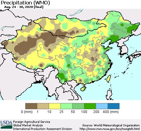 China, Mongolia and Taiwan Precipitation (WMO) Thematic Map For 8/24/2020 - 8/30/2020