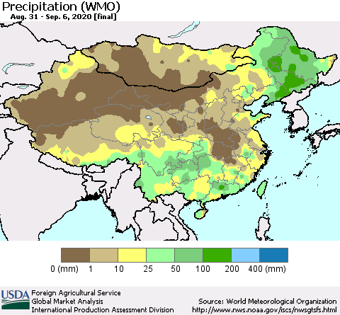 China, Mongolia and Taiwan Precipitation (WMO) Thematic Map For 8/31/2020 - 9/6/2020
