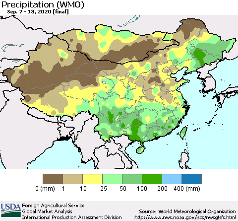 China and Taiwan Precipitation (WMO) Thematic Map For 9/7/2020 - 9/13/2020