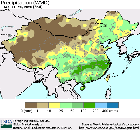 China, Mongolia and Taiwan Precipitation (WMO) Thematic Map For 9/14/2020 - 9/20/2020