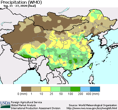 China and Taiwan Precipitation (WMO) Thematic Map For 9/21/2020 - 9/27/2020