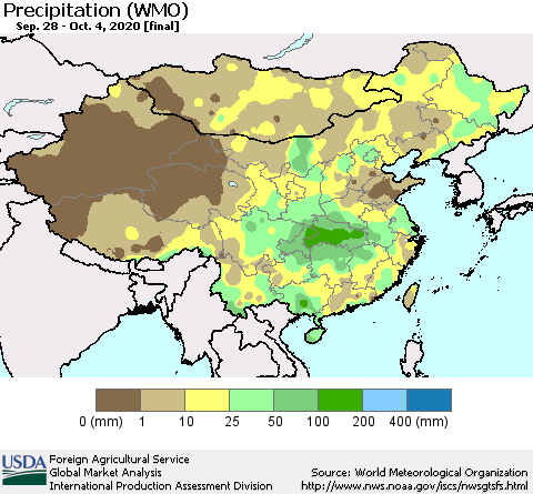 China and Taiwan Precipitation (WMO) Thematic Map For 9/28/2020 - 10/4/2020