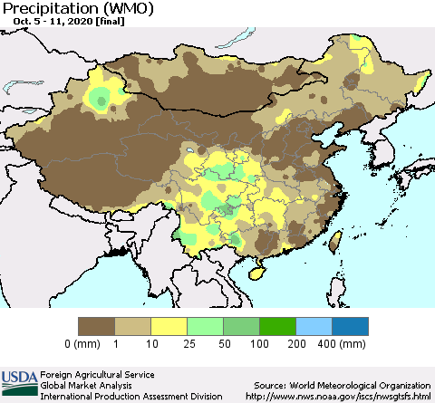 China and Taiwan Precipitation (WMO) Thematic Map For 10/5/2020 - 10/11/2020