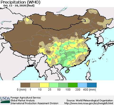China and Taiwan Precipitation (WMO) Thematic Map For 10/12/2020 - 10/18/2020