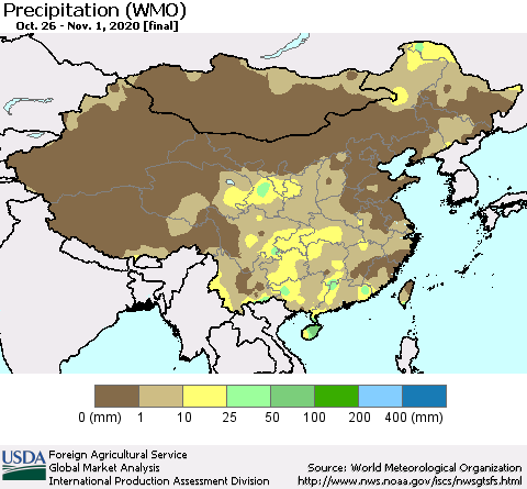 China and Taiwan Precipitation (WMO) Thematic Map For 10/26/2020 - 11/1/2020