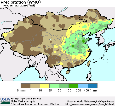 China and Taiwan Precipitation (WMO) Thematic Map For 11/16/2020 - 11/22/2020