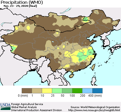 China and Taiwan Precipitation (WMO) Thematic Map For 11/23/2020 - 11/29/2020