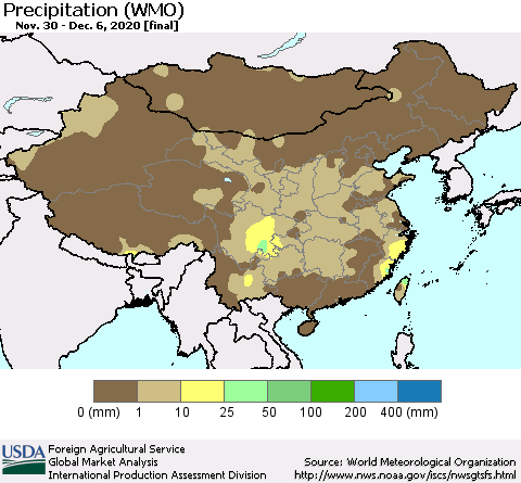 China and Taiwan Precipitation (WMO) Thematic Map For 11/30/2020 - 12/6/2020