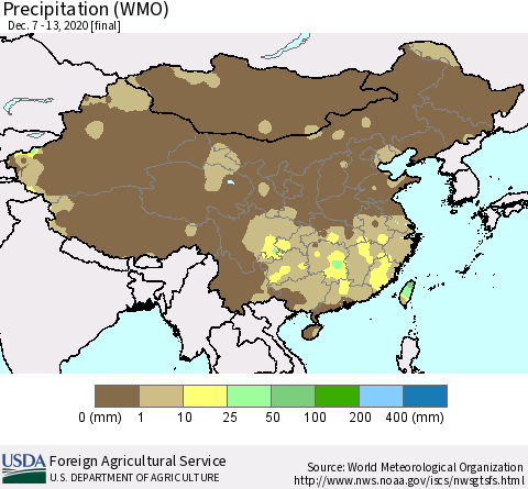 China, Mongolia and Taiwan Precipitation (WMO) Thematic Map For 12/7/2020 - 12/13/2020