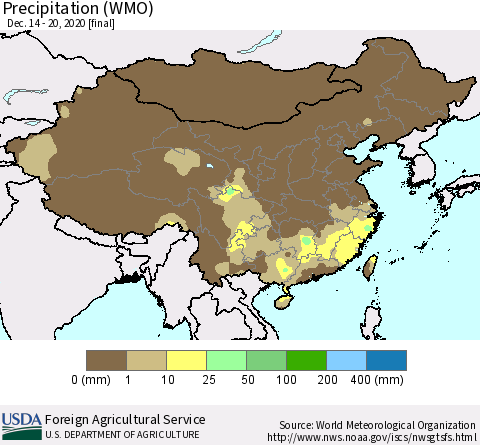 China, Mongolia and Taiwan Precipitation (WMO) Thematic Map For 12/14/2020 - 12/20/2020